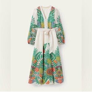 Boden Ivory Pineapple Floral Notch Neck Puff Sleeve Cotton Maxi Dress Size 8